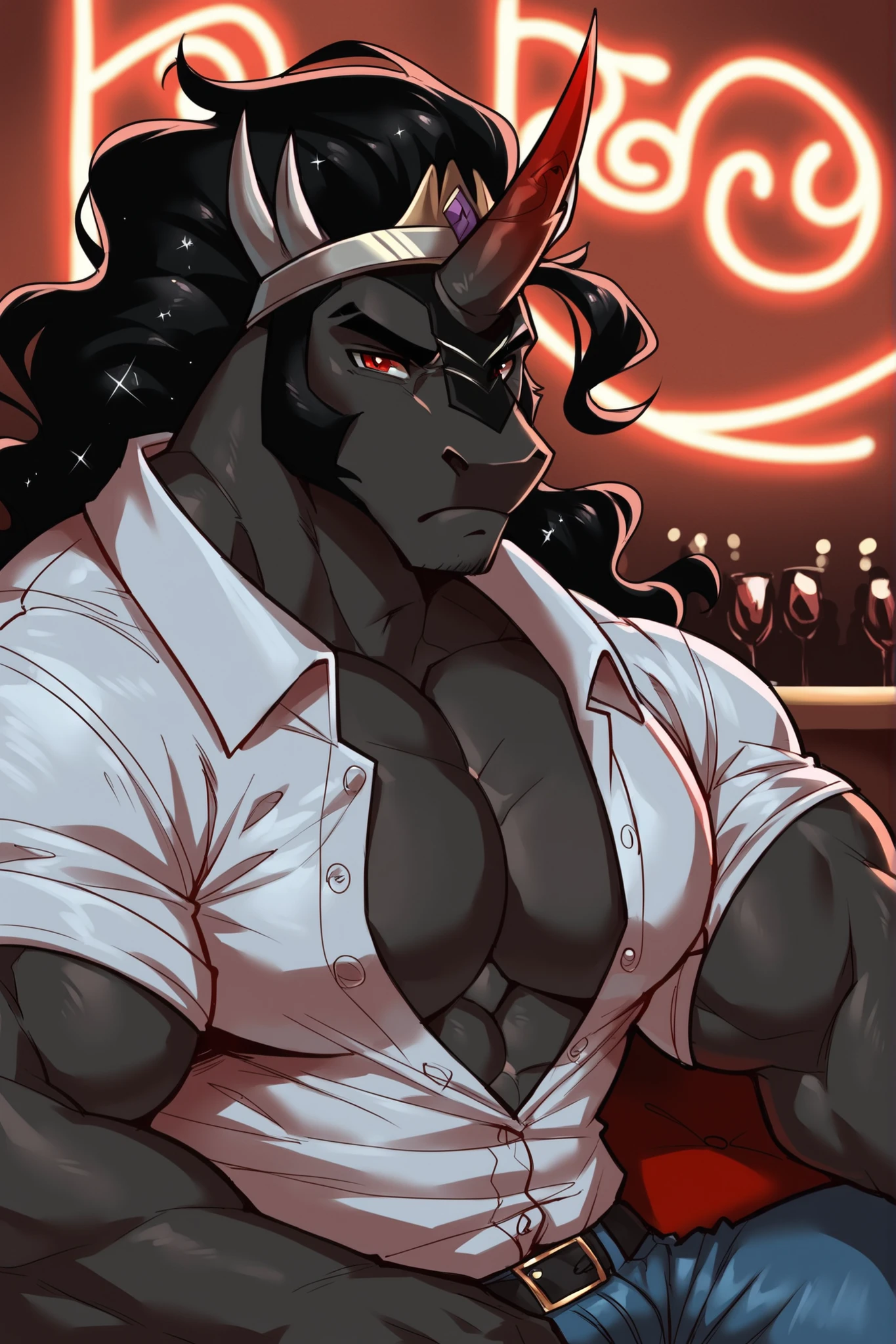 score_9, score_8_up, score_7_up, source_suggestive, high quality,solo, male, masculine, upper body, king sombra,unicorn ,buff body, muscular, huge muscles, (huge pecs:1.0), huge biceps, frown,red eyes, (black skin), gradient hair, fusion, princess celestia fusion, body markings, hairy chest, long black hair, wavy hair,jeans, button up shirt,sexy, sitting, club, neon lights, bar, lighting

