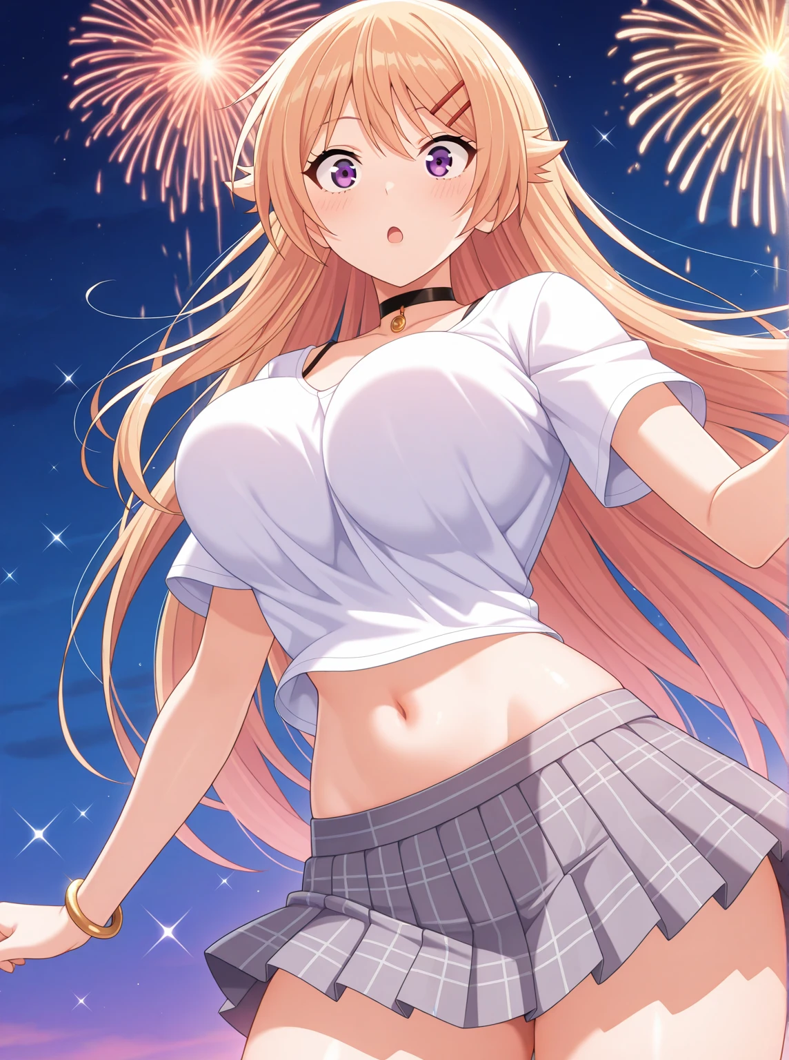 anime beautiful girl，Huge breasts that are about to explode，huge breasts，(shirtless girl:1.5)，(Big breasts that are about to burst:1.4)，long hair，blush，very high quality，(mini skirt:1.3)，(high quality panties:1.4)，(Photographed from the front:1.3)