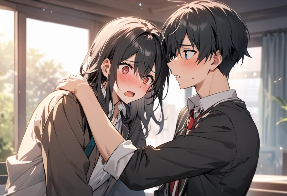 1 popular 18 year old boy, messy green hair, eyes locked, male school uniform. 1 of 17 years old nerd, Long brown hair, blushed, surprised brown eyes, female school uniform. romantic anime scene, class room, natural lighting, perfectly beautiful, super mega amazing detailed
