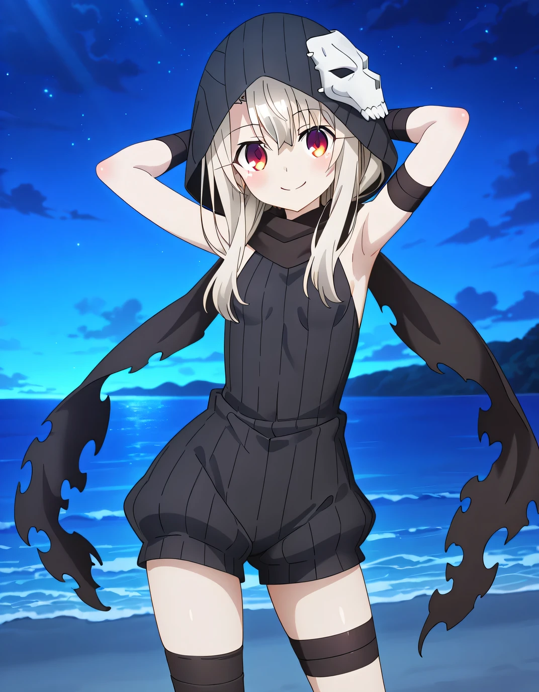aaillya, long hair, blonde hair, mask on head, skull mask, hood up, torn scarf, black scarf, red eyes, bare shoulders, short jumpsuit, sleeveless, arm wrap, asymmetrical legwear, single thighhigh, black thighhighs, anime screencap, high quality, solo, night sky, beach, hands behind head, ((contrapposto)), closed mouth, cowboy shot, looking at viewer, smile, best quality