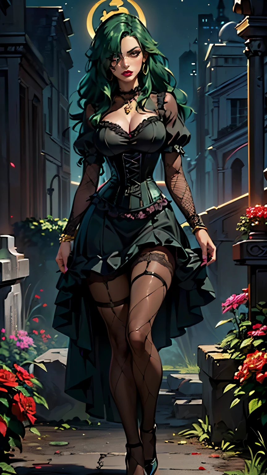 ((1girl, solo ,alone, long hair, green hair, brown eyes, hair covering one eye, woman, (one hand on her hip) , dynamic pose, muscular female, gold bracelets, ruby earrings)), fitness, ((solo, (1woman, pink lipstick), Extremely detailed, ambient soft lighting, 4k, perfect eyes, a perfect face, perfect lighting, a 1girl)), ((fitness, , shapely body, athletic body, toned body)), ((gothic woman, black dress, dress with ruffles, corset, lace dress, high heels, black pantyhose, fishnet stockings, lace pantyhose, cemetery in the background, ruins, night, crows, bush, flowers, red details, ruby necklace, ruby earrings, vine, red lipstick))