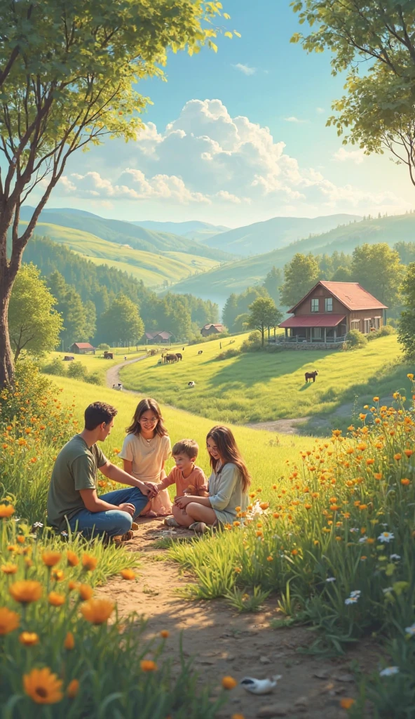 A happy family , husband wife a baby girl and a baby boy playing and spending family time together in a beautiful small garden of their house with balcony, beautiful house in the mountains......