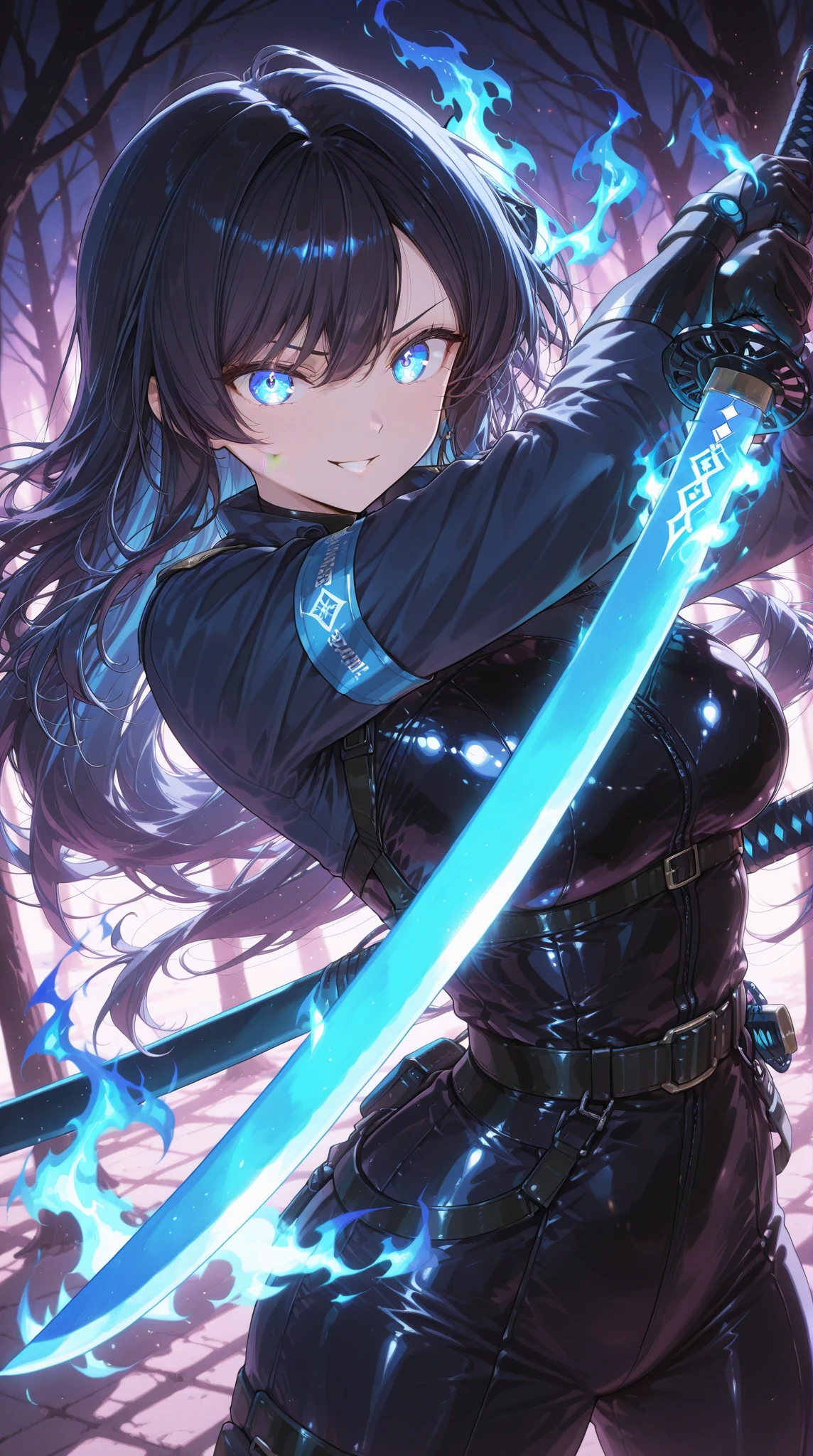 dark warrior, black hair, weapon master, dark aura, glowing effects, cinematic, dark clothes, emo, 1 girl, light blue eyes.