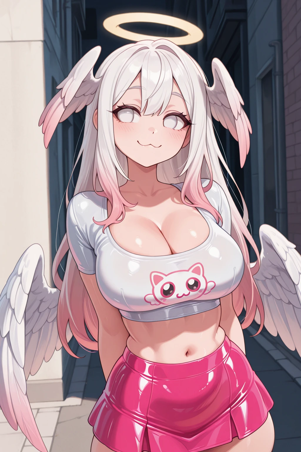1girl, wings, horns, denim shorts, denim, demon girl, white tail, white hair, huge breasts, tail, red eyes, shorts, demon horns, sitting, white wings, cityscape, pointy ears, feathered wings, cleavage, demon tail, crossed legs, red horns, tank top, dress, long hair, <lora:Zyugoya:0.6>
