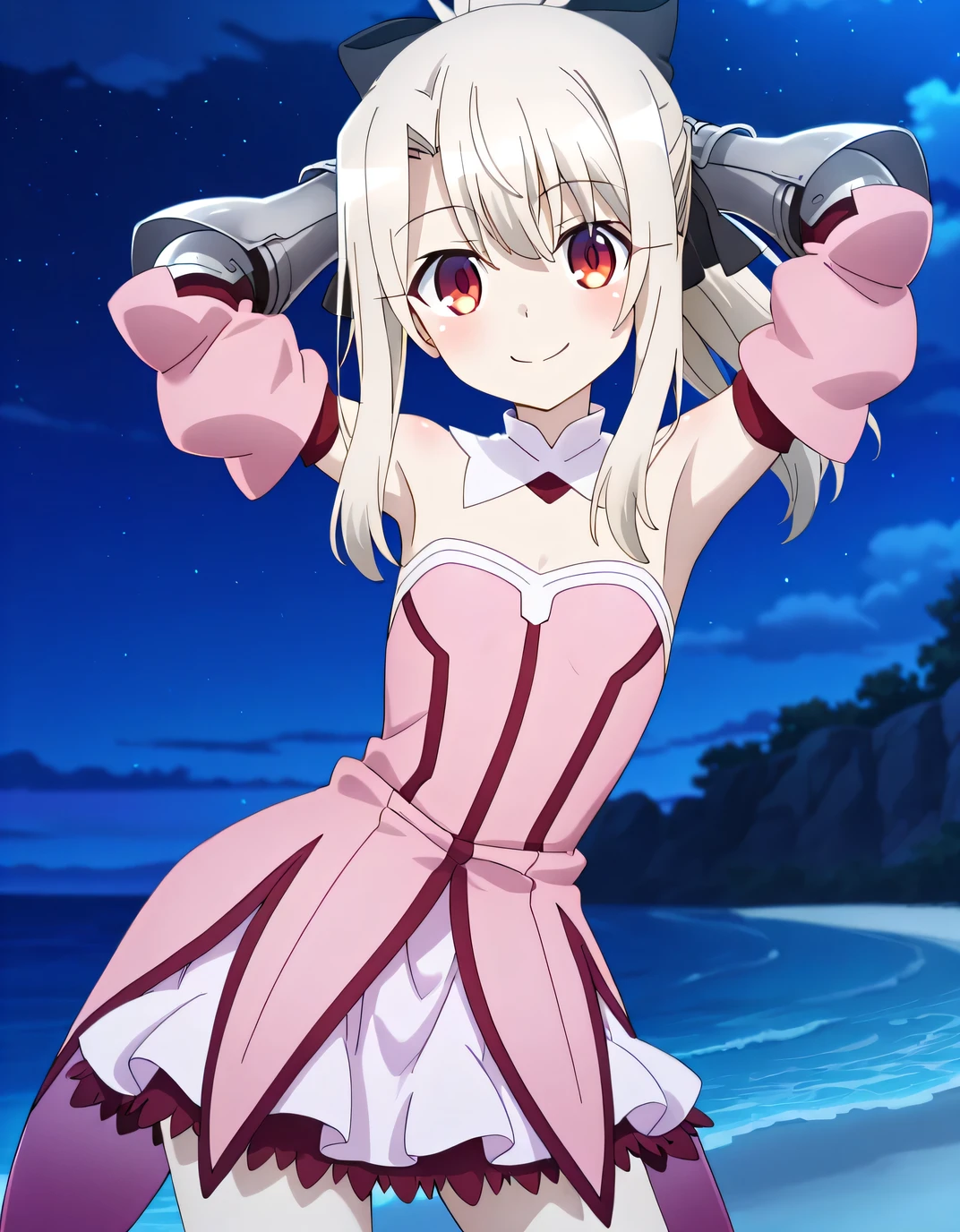 aaillya, long hair, blonde hair, ponytail, hair bow, red eyes, detached collar, bare shoulders, strapless, pink dress, armor, detached sleeves, gauntlets, anime screencap, high quality, solo, night sky, beach, hands behind head, ((contrapposto)), closed mouth, cowboy shot, looking at viewer, smile, best quality