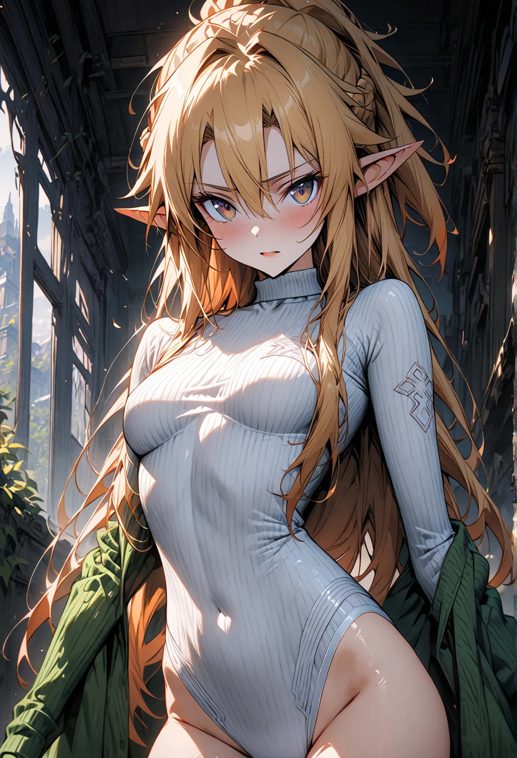 Super detailed、sensual, ((long blonde curly hair)), thick thighs, 8K, 4k, highest quality, High resolution:1.2), cute anime face, noise reduction, ((glowing green eyes, gentle smile, kind eyes))、toned abdominal muscles, muscular arms, muscular legs,  young face, anime eyes, (((big breasty chest is about to burst)))、(((bondage style)))、(((Rear view、I&#39;I&#39;ll turn around、emphasize the buttocks、T-back that digs into your butt)))、(((white string)))、(((Put your knees on the floor)))