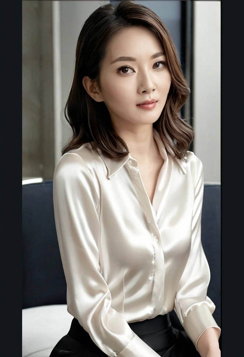 1 Japanese female,OL、office、middle shot、shiny skin,soft smile、black hair、White collared blouse、chest bulge、beautiful bust、gray tight skirt、black hair、pumps,highest quality,Very delicate and beautiful 8K,very high resolution,,beautiful detailed girl,realistic、Company elevator background、beautiful figure、