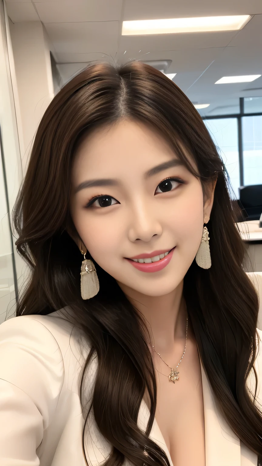 (18-year-old sweetheart), (???????????:1.3),   office、sit at desk、pure white suit、(masterpiece: 1.3), (maximum resolution: 1.4), (super high quality: 1.2), cinematic light, super high quality,My cheeks turned red:1.2、 (beautiful eyes and skin), (detailed facial features), nffsw, 8K resolution, perfect style, beautiful expression、Highly detailed face and skin texture、detailed eye、double eyelid、glitter eyeliner:1.2、shiny skin、（pure white skin:1.8)、（white skin:1.8)、red rouge、dark lipstick:1.2、small shiny necklace and earrings、（glossy lips:1.2)、glossy lips:1.2、((full body shot:1.2))、(straight hairstyle、light brown hair)、long hair、(very kind smile:1.3)、175cm、