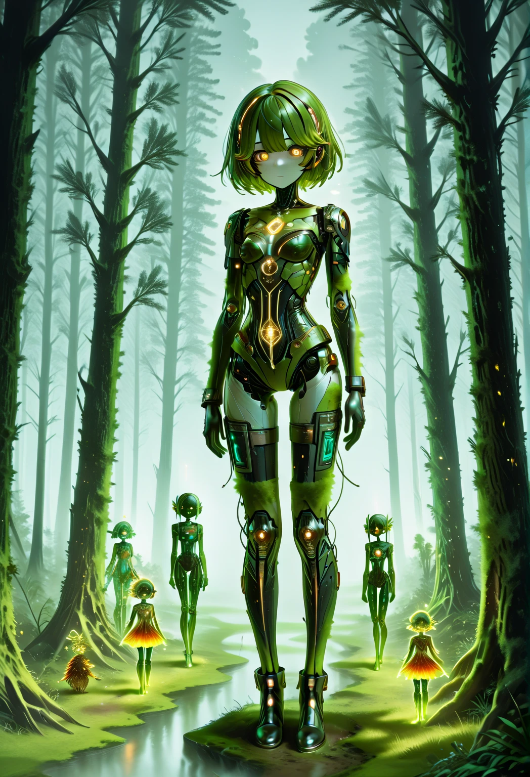 A female robot with large robotic breasts and a large green and red mechanical butt with a metallic face in a Mayan jungle and injured eyes