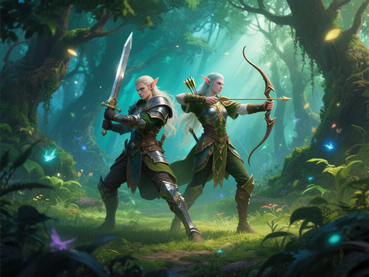 ((masterpiece)), best quality, epic fantasy digital art style, detailed digital 3D fantasy art, a male strong muscular elf with long silver hair and a female elf with dark blonde hair both in armor traveling in the dense dark mysterious forest