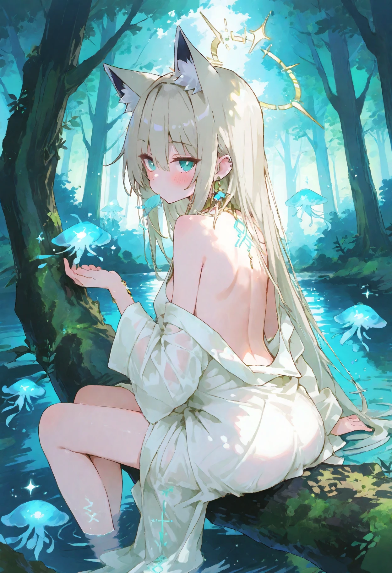 1girll, 独奏, dual horsetail，Bear headdress，Upper body nudity，Lower body nudity，The kinky is exposed ，perspired，Lots of sweat，liquid milk，