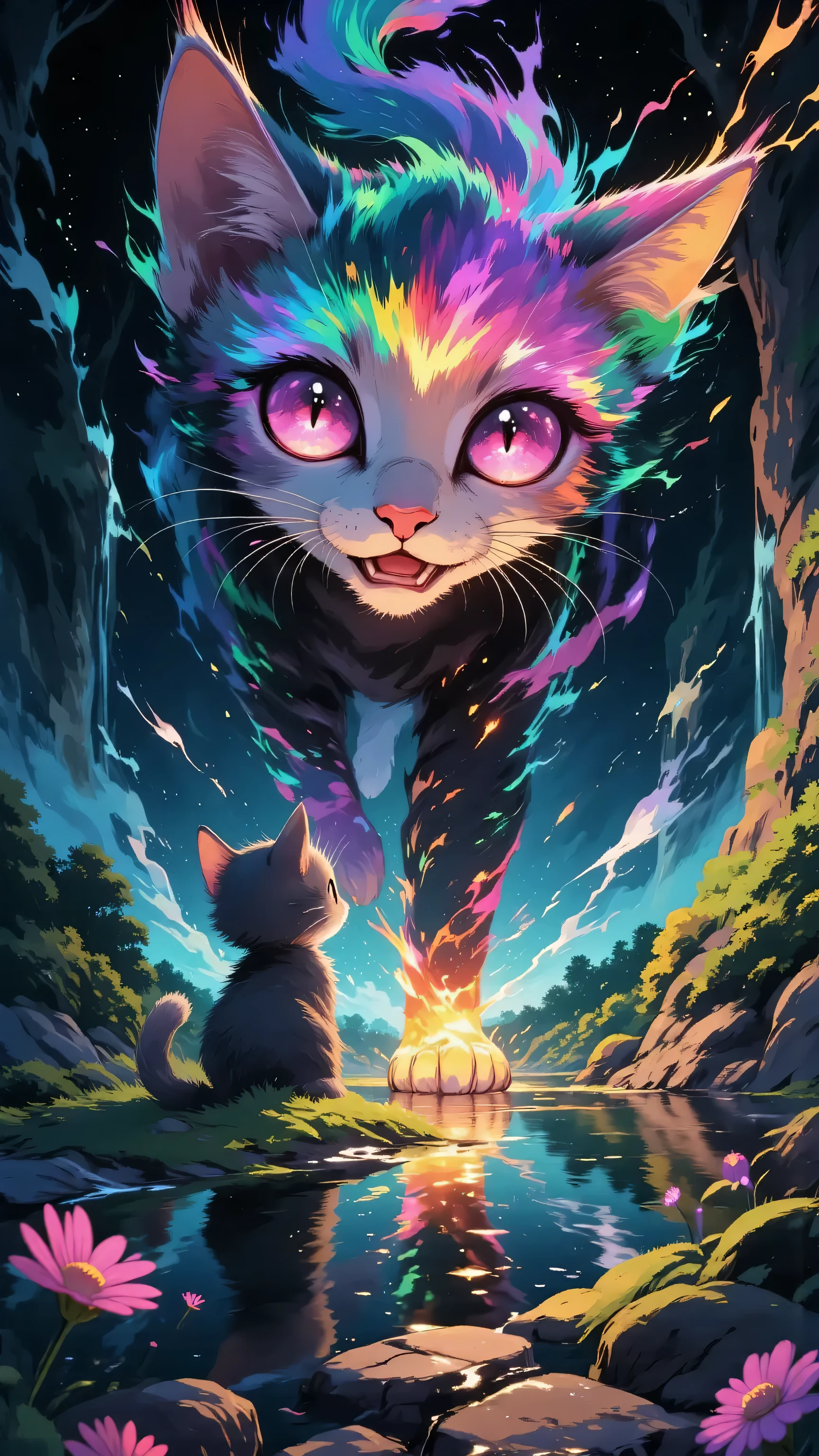 cinematic, (masterpiece), (best quality), (ultra-detailed), very aesthetic, illustration, realistic illustration, perfect composition, intricate details, absurdres, (anime, masterpiece, intricate:1.3), (best quality, hires textures, high detail:1.2), (4k),(incredibly detailed:1.4), Forest of Spirits,mutant beautiful cat,clear colors,A fantastic landscape like no one has ever seen or heard of before,deep forest,waterfall,water light,flower,in a dynamic motion, Glowing Contours