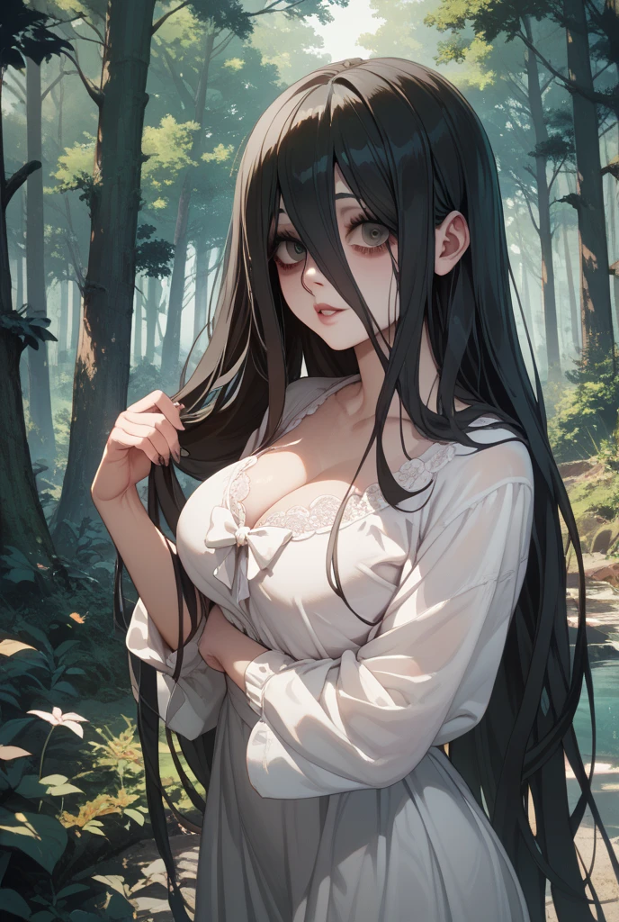 ((midnight,)) (low lighting), anime woman, brunette hair, breasts, mature, thick body, beautiful, black sheer flowy, flowy clothing, gothic, elegant, touching self, exposed nipples, ethereal, in a forest, dark forest, in love, sexy face, eyelashes, eye makeup