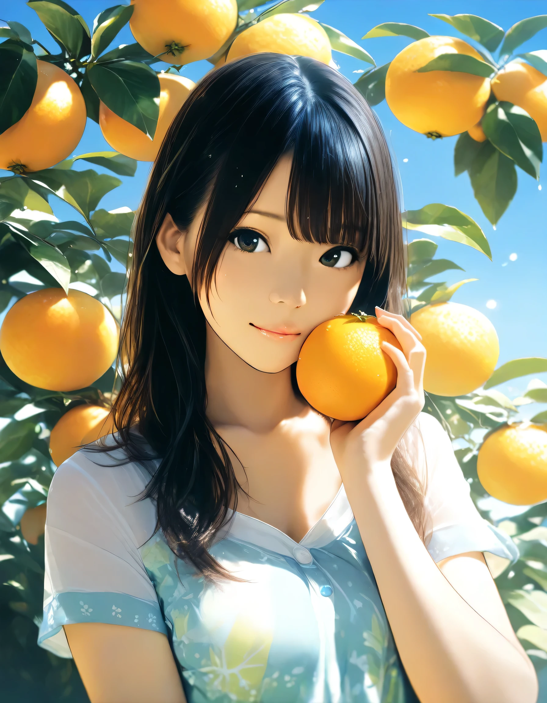 1girl, year 2016, upper body, early summer, summer oranges, blue sky, casual clothes, masterpiece, high score, great score, absurdres, 16k, Ultra detailed, (photorealistic : 0.5)