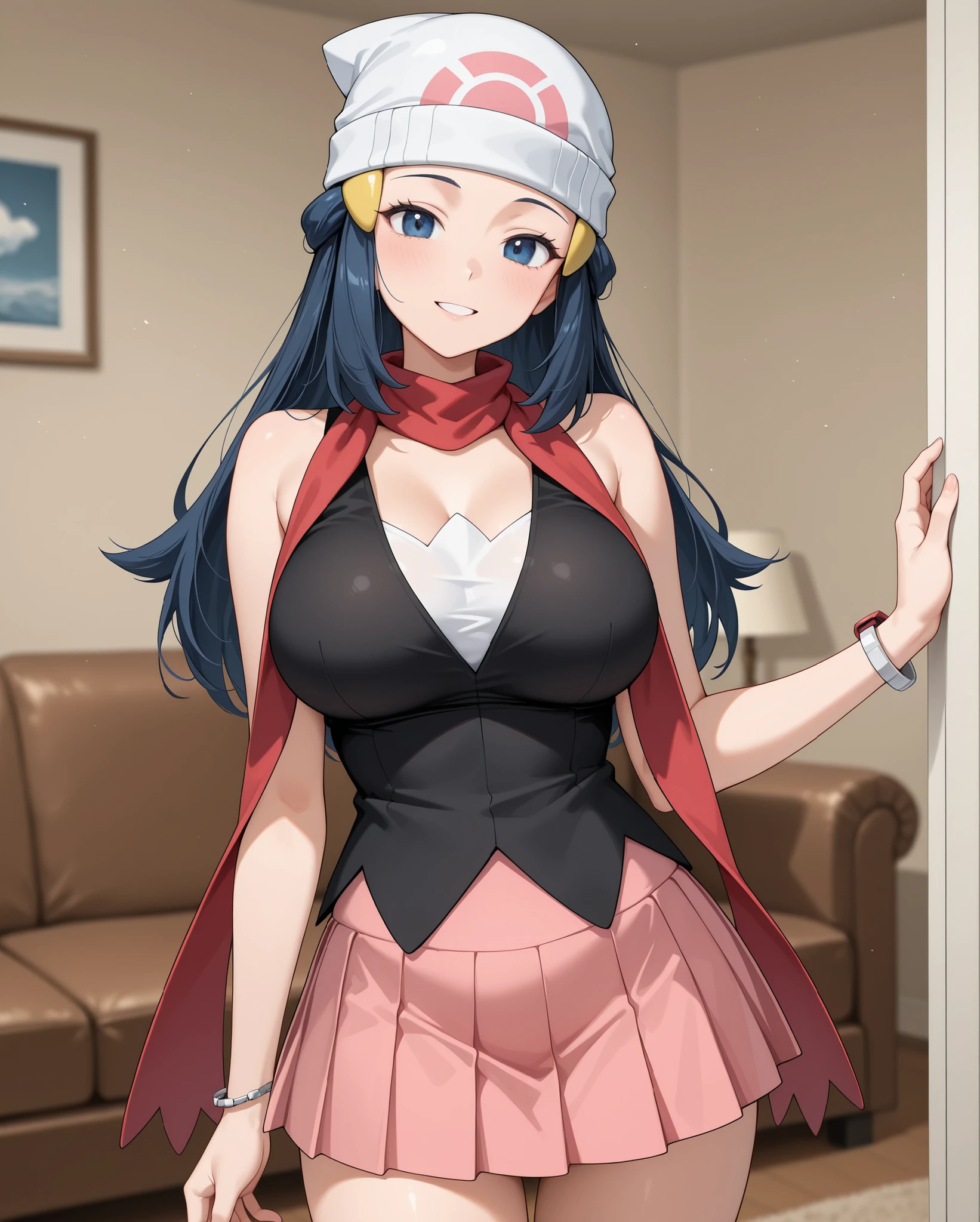 standing, chilling,
front view, from front,
eye-level shot, cowboy shot,
living room, sofa, blurry background,
1 girl, solo,
happy, looking at viewer,
Dawn \Pokemon\,
long hair, dark blue hair, loose hair, sidelocks,
hair ornament, blue eyes,
Dawn \Pokemon\ outfit,
beanie, white headwear, hat,
scraf, red scarf,
shirt, bare shoulders, black shirt,
white undershirt,
pleated skirt, pink skirt,
bracelet,
masterpiece, best quality, newest, wide eyes, flatshading, bright face, beautiful female,
seductive female, mature female, source_anime, breasts,