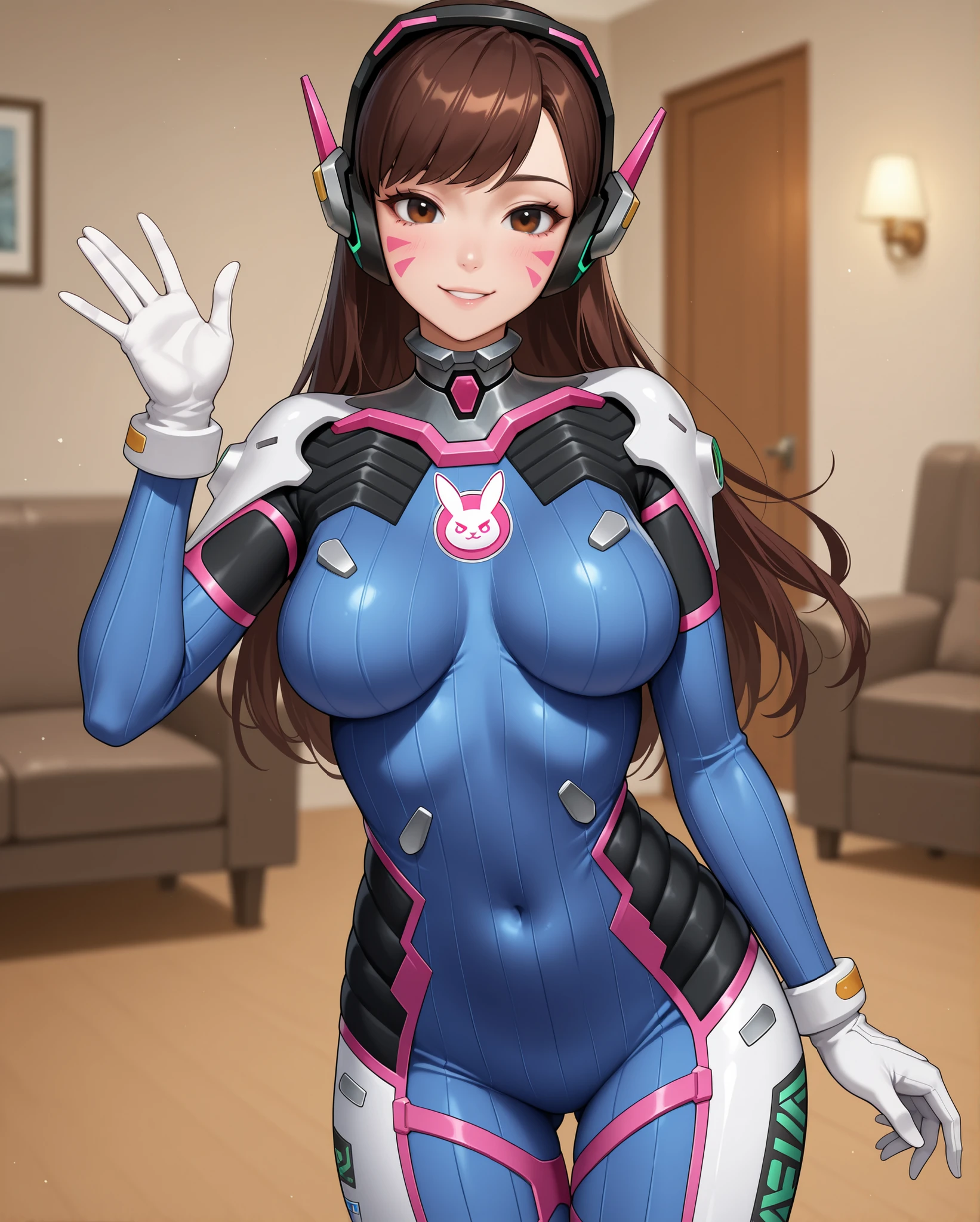 standing, chilling,
front view, from front,
eye-level shot, cowboy shot,
living room, sofa, blurry background,
1 girl, solo,
happy, looking at viewer,
D.Va \Overwatch\,
long hair, whisker markings, brown hair,
facial mark, brown eyes, swept bangs, bangs, facepaint,
D.Va \Overwatch\ outfit,
headphones, markings, shoulder pads,
blue bodysuit, ribbed bodysuit, animal print,
clothes writing, long sleeves, white gloves, white boots,
masterpiece, best quality, newest, wide eyes, flatshading, bright face, beautiful female,
seductive female, mature female, source_anime, breasts,