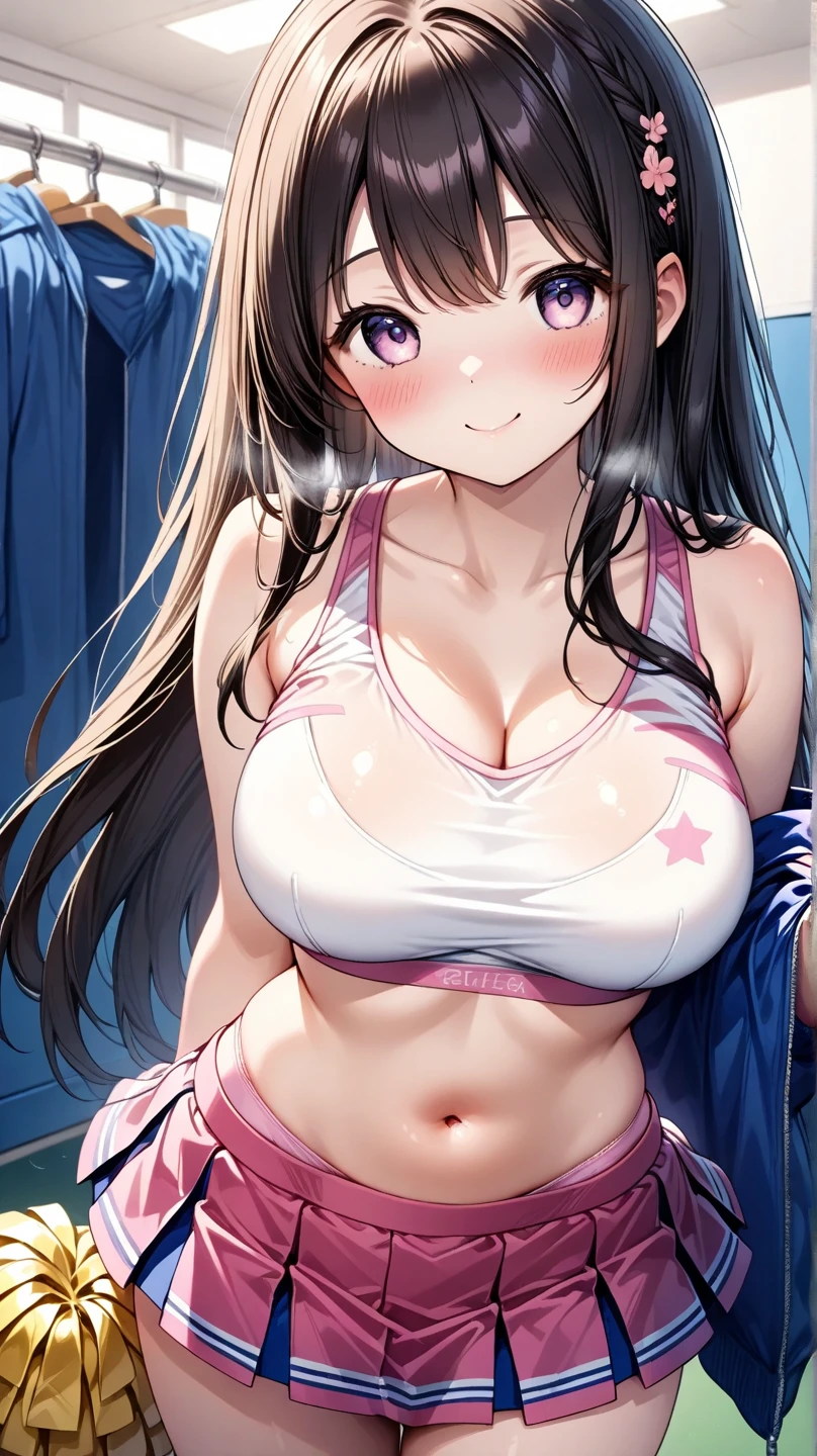 1girl, mihono bourbon \(umamusume\), umamusume, (goblin slayer!), (throw_hand, pink vibrator remote switch in throw_hand, throw:1.2), Highest quality, Super detailed, masterpiece, Ultra-high resolution, 8K, Ridiculous, Cowboy Shooting, Blurred, Focus on the girl, Embarrassing, blush, Lovely, Open your mouth, What saliva leaves behind, Wet skirt hem, (Sticky panties:1.1), Bulging of the vibrator cord, Vibrator with Garters, (cleavage), Classroom Background, The skirt is accidentally exposed,(large breasts), (crop top navel), (waist line), Accidentally exposed panties