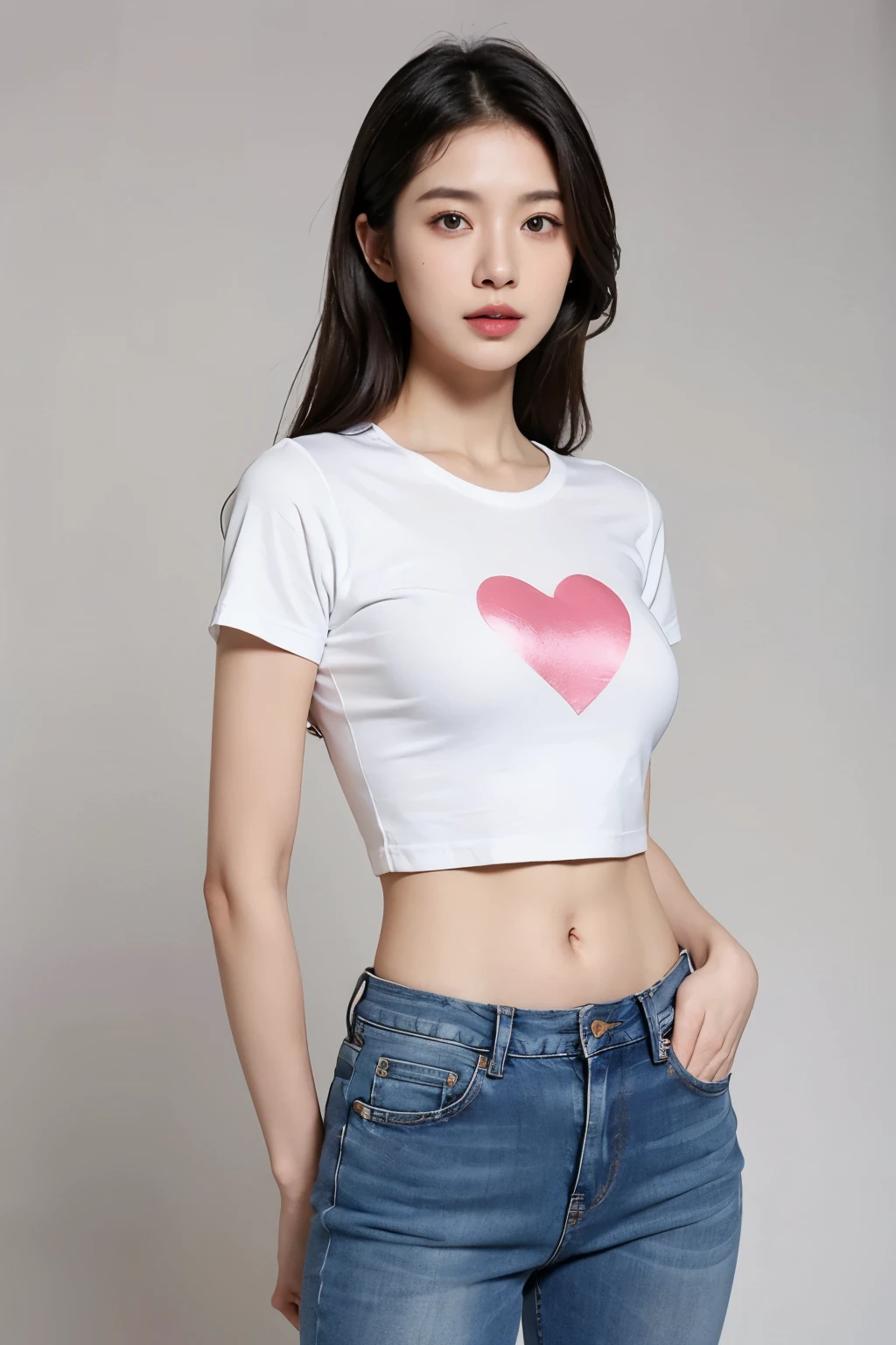 Chica preadolescente hermosa realista, pelo corto de colores, ojos negros, playera corta, falda negra, pose sexy, senos grandes, mirando al espectador, sentada, Vtuber, Estilo callejero, detalles exagerados