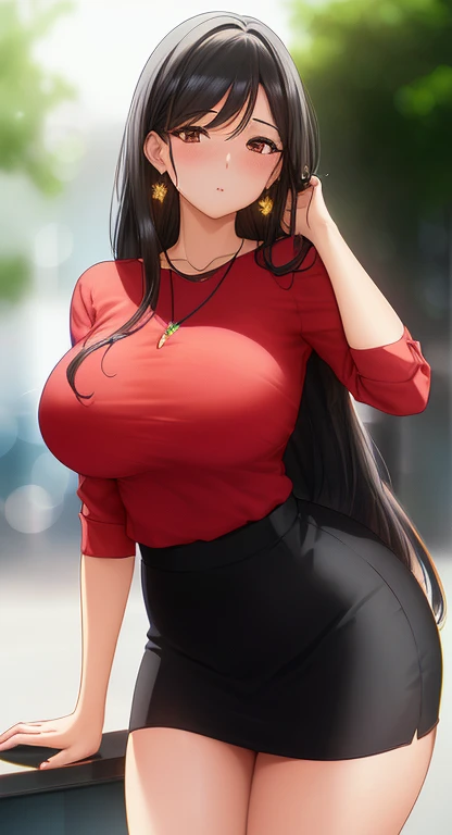 1 mature girl, beautiful face, blue eyes, red cheeks, long straight hair, black hair, long bangs, seky body, colossal tits, overmany, big and droopy, big titietra, wide hips, , mini skirt, pink panties, tight shirt