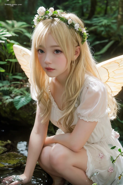 Woman with long blonde hair, usando um penteado pigtails, She has short bangs and fairy wings., she has no clothes