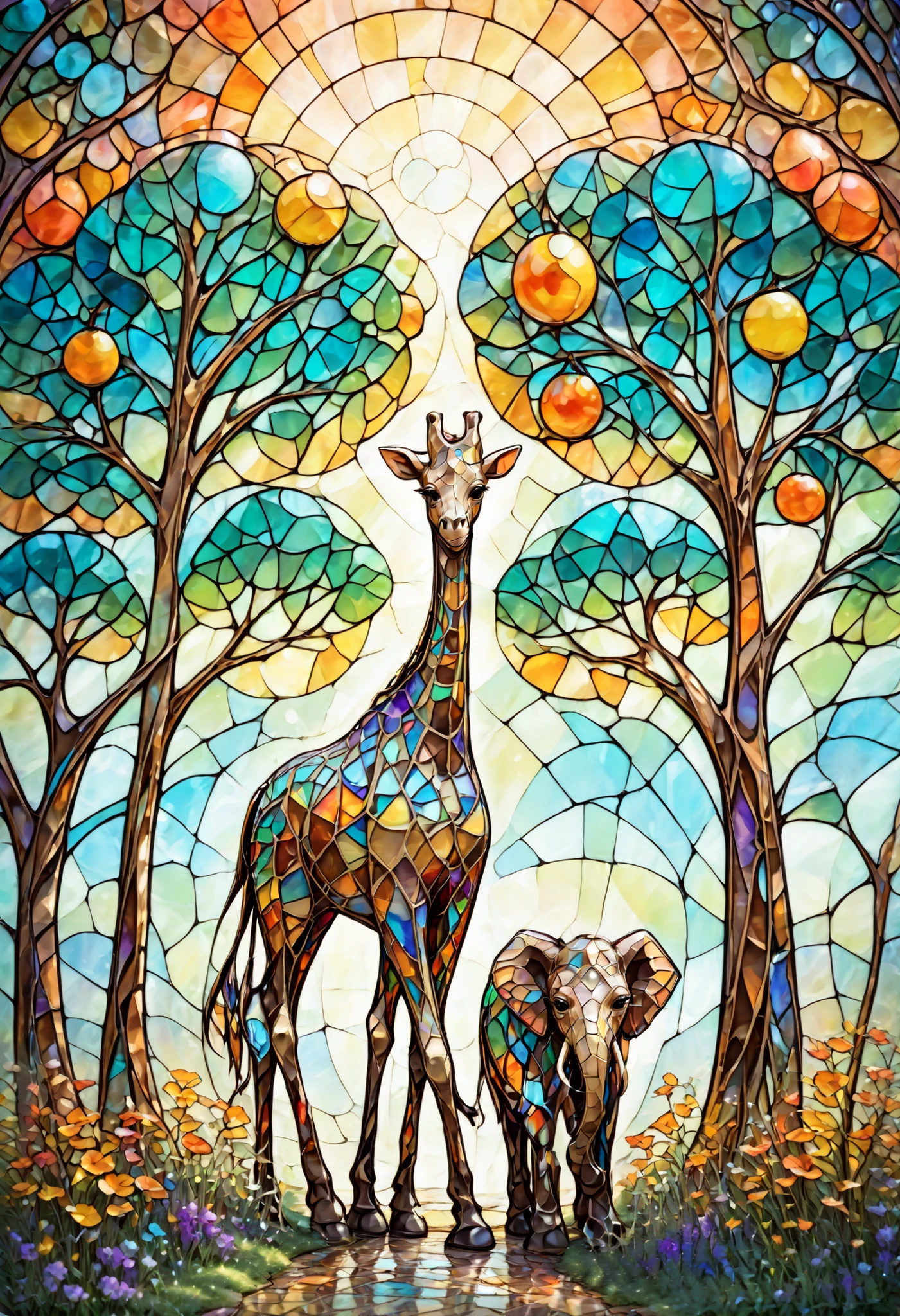 Giraffe and Elephant　In the woods