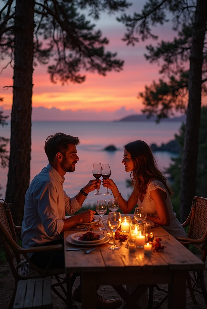 A man standing at the sea shores carrying a glass of wine looking at the woman who is beauty and smiling at him