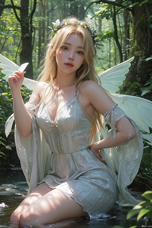 (best quality, 8k, masterpiece:1.2, nsfw ), Cutest, Cute girl, Beautiful face, Beautiful eyes, Beautiful hair, Light pink hair, Lots of colorful flowers, sunshine, peaceful garden, summer dress, smiling, golden hour lighting, vibrant colors, happy expression,　 soft breeze, gentle makeup, freckles, blonde hair, flowing dress, pastel color, beautiful atmosphere, fluttering butterflies, dreamy atmosphere), vivid greenery, smile, posing like an angel