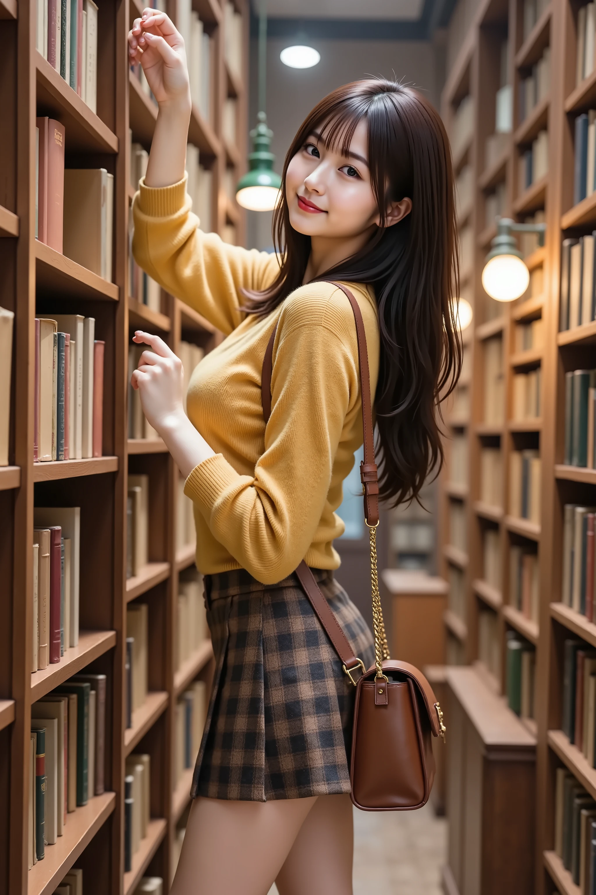 A 20-year-old Japanese woman with long, wavy, warm chocolate-brown hair, a charming smile on her face as she stands on her tiptoes, reaching up for a leather-bound book on a high, floor-to-ceiling wooden shelf in a cozy, cluttered, and atmospheric vintage bookstore. The store is filled with the warm scent of old paper and wood. She wears a soft, mustard yellow, cable-knit V-neck sweater that showcases her ample, round, and firm bust with inviting, cozy cleavage, paired with a classic brown and cream plaid pleated mini skirt, worn over dark brown tights. She has on stylish leather ankle boots with a low heel. A brown leather satchel bag is slung over her shoulder. Medium: Digital photography. Style: Photorealistic, with a warm, nostalgic, and slightly academic or "dark academia" aesthetic, creating a cozy and inviting atmosphere. Composition: Full body shot, taken from a low angle to emphasize her reach and the height of the bookshelves, making the viewer feel like they are within the labyrinthine aisles of the store. Aspect ratio 3:2, portrait orientation. Lens and Effects: 50mm f/1.8 prime lens, great for the warm, low-light interior of the bookstore, creating a shallow depth of field that keeps her in sharp focus while the endless rows of books in the foreground and background blur into a pleasing, textured bokeh. Lighting: Warm, ambient light from old-fashioned, low-hanging pendant lamps with green glass shades, creating pools of light and cozy, deep shadows among the bookshelves. Some soft light may filter through a dusty window. Color Palette: A rich and warm palette dominated by browns from the wooden shelves and leather-bound books, yellows from her sweater, and the warm glow of the lamps, creating a very cozy, autumnal, and nostalgic feeling. Level of Detail: Hyperrealistic intricate details on the texture of her cable-knit sweater, the different bindings and faded gold lettering on the books, the dust motes visible in the shafts of light, and her endearing 