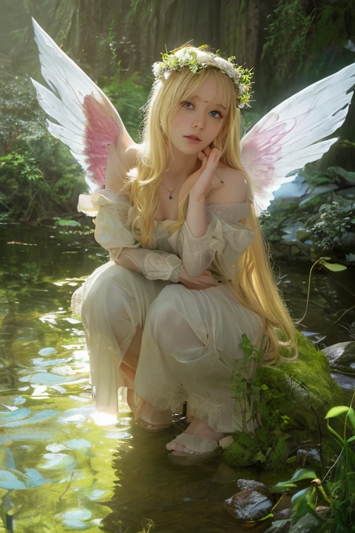 anime girl sitting in the grass with a butterfly in her hand, goddess of summer, fey queen of the summer forest, anime goddess, the goddess of summer, goddess of nature, ethereal anime, blonde anime girl with long hair, daytime ethereal anime, goddess of spring, ((a beautiful fantasy empress)), smiling as a queen of fairies, queen of nature