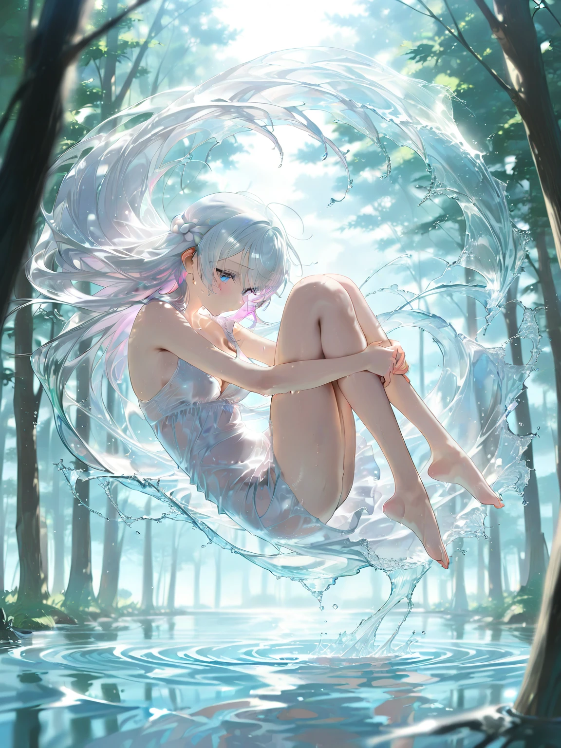 ((A close up)) of anime teen girl, (((((sitting in a street wood))))), (mostly naked), ((barefoot)), (cinematic light), skin is perfectly white, soft, and smooth, ((no nsfw)), Extremely delicate and beautiful CG illustration, small thigh, slim body, best quality, high resolution, dynamic angle, full-length lens, ((1 girl)), (detailed eyes), soft light, high-key lighting), glowing light, feathers fluttering background, blue crystal, ((blue glowing ring around her ankle)), (((wearing (only) a white (transparent) tank top))), ((((raining: 1.6))))