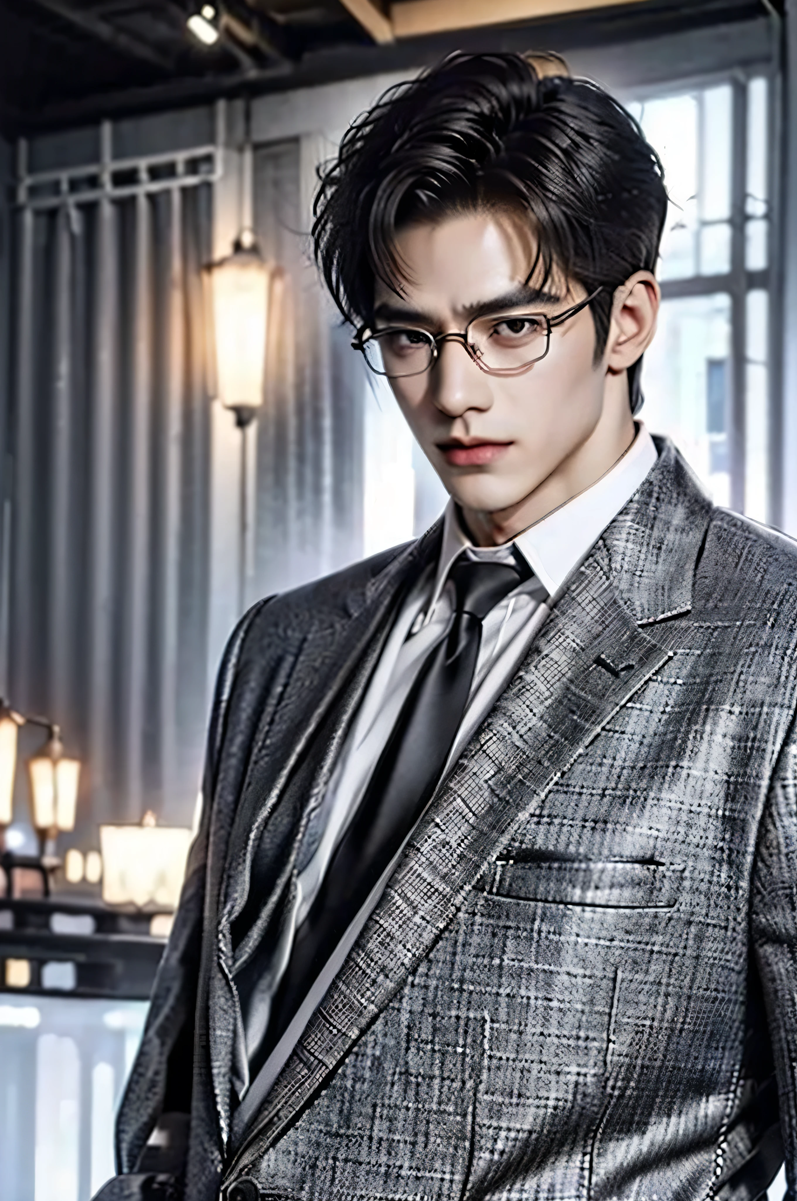 city street night view, ((full body Shot)), 25 year old Naruto is a true masterpiece with masculine beauty, perfect anatomy. charming attractive eyes, Perfect lines, 8K quality, black hair, ((wearing gray shirt and black coat)), wearing a black tie, ((short hair)), cinematic lighting, intricately detailed, white tetradic color, volumetric lighting, sad looking, looking into the distance away from viewer, wearing thin silver glasses