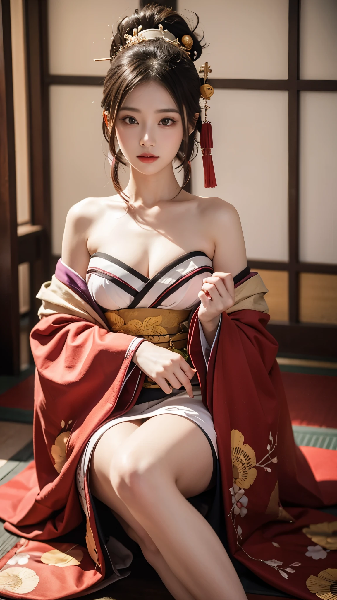 (Photorealistic:1.8, Highest quality:1.8,8K masterpiece:1.8,High resolution,Mastepiece:1.8,RAW Photos,Cinematic lighting)、1 Masochist Woman、Angle view from below、
(Japanese Kimono、A super mini kimono with a beautiful and cute orchid-style floral pattern:1.5、choker)、Breast Rope、Thigh rope、(Shoulders bare:1.3)、Bare thighs、Beautiful fair skin、barefoot、Black Pink Jenny's pause、Random Pause