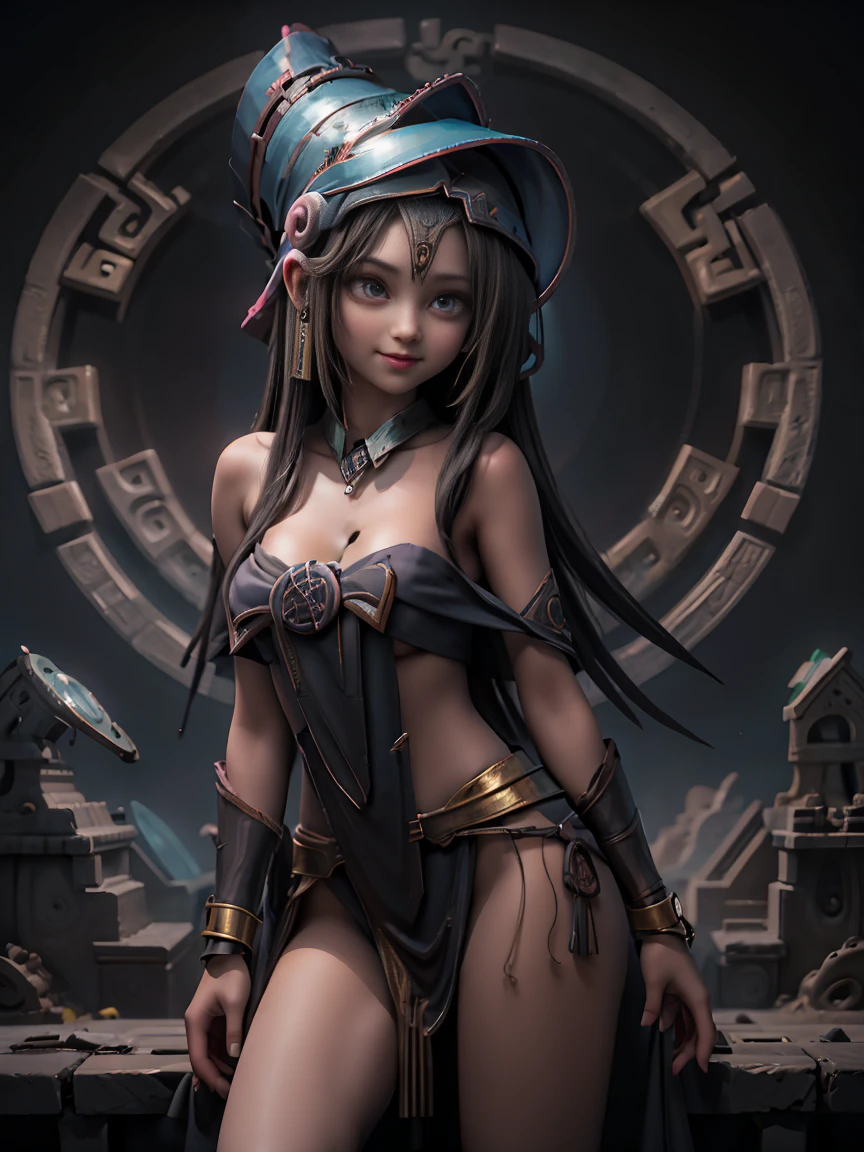 Dark magician gils en el aire, she comes out of a magic circle of heart. Magic hearts background. Sonrisa en sus labios. Ojos celestes. Cabello dorado. Pose sensual. Levitando en una pie. Tiene tacones. Usa tacones azules y dorados 