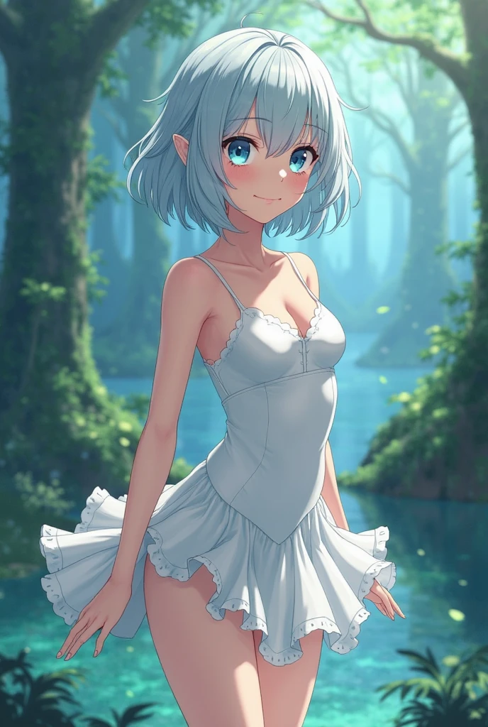 In Claude Monet style, Impressionism, 1girl, upper body focus, (white sheer camisole dress), 14 year old, full body Esbian, short silver hair, pond, wet, ((curtsey)), cat ear, nipples through, see-through