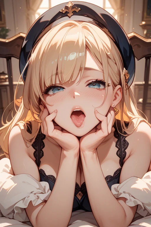 nsfw,(Petite),(A cute boy),blonde low twintails,lips,Surprised expression,(Handjob voyeur),Sweat,White Breath,Audience peering from above,On all fours,(Drooling),camisole,((Mouth overflowing with sperm))
