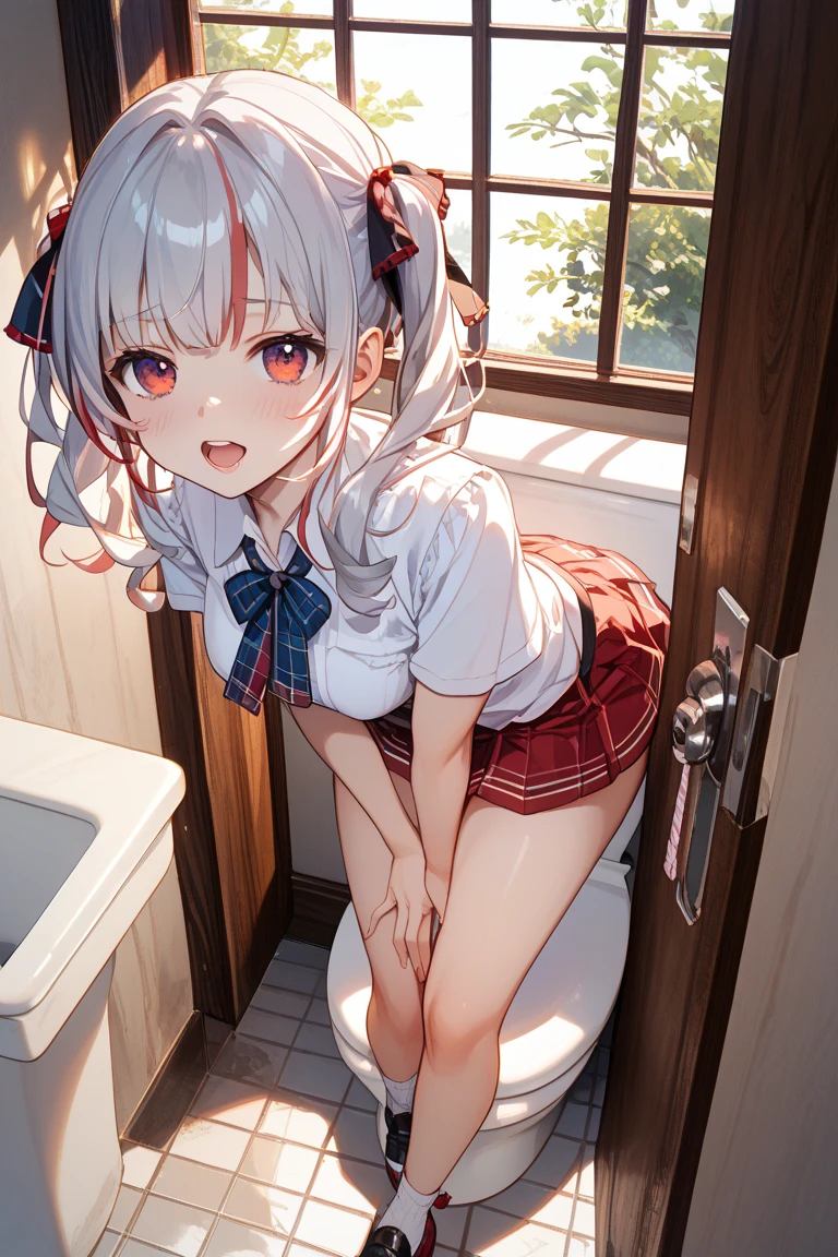 High school girl with silver hair ponytail、Green plaid skirt、white blouse and green tie、white stockings、White garter belt、5-Fingers、Ecstatic look、red blush、Camel hoof、no panties,no bra,pussy juice,pussy,vagina、toilet room、(masturbation)、(pussy juice)