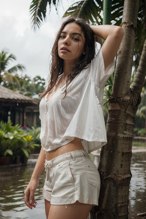 a girl of about 27 with brown hair came out of a lake in the mountains, all wet, wearing a transparent T-shirt, a very beautiful body, the girl looks very realistic