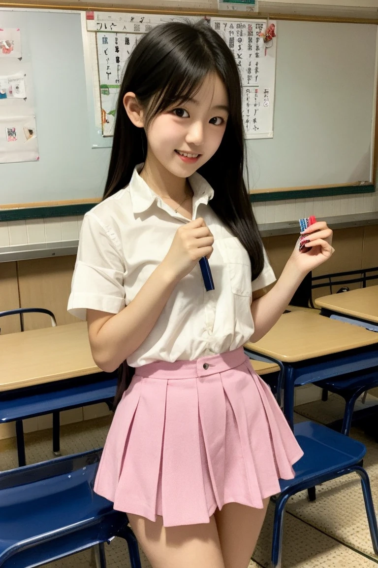 a closeup, masterpiece, top-quality, FULL ANATOMY、Raw foto, Photorealsitic、(Cute little face:1.8)、(Very cute smile:1.7)、(with round face:1.9)、(She looks like an idol and is cute:1.7), A dark-haired、(brightly colored school uniforms:1.7), depth of fields, hight resolution, ultra-detailliert, finely detail, ighly detailed, extremely detailed eye and face, Realistic pupils, foco nítido, Cinematic lighting、18-year-old woman、(One lady、独奏:1.6)、 (poneyTail、curlyhair)、Very detailed 8k wallpaper、Show me your whole body、Looking at the camera、(Too short plaid pleated skirt、I can see my panties、Plump panties、Lift the hem of the skirt with both hands、Showing her panties to the camera:1.7)、(Pink Fishnet Stockings)、is standing、Angle from below、(Thigh close-up:1.6)、(Nice figure、big breasts thin waist)、(Clothes with emphasized chest bulge、Colossal tits:1.3)、depth of fields、Bokeh in the background