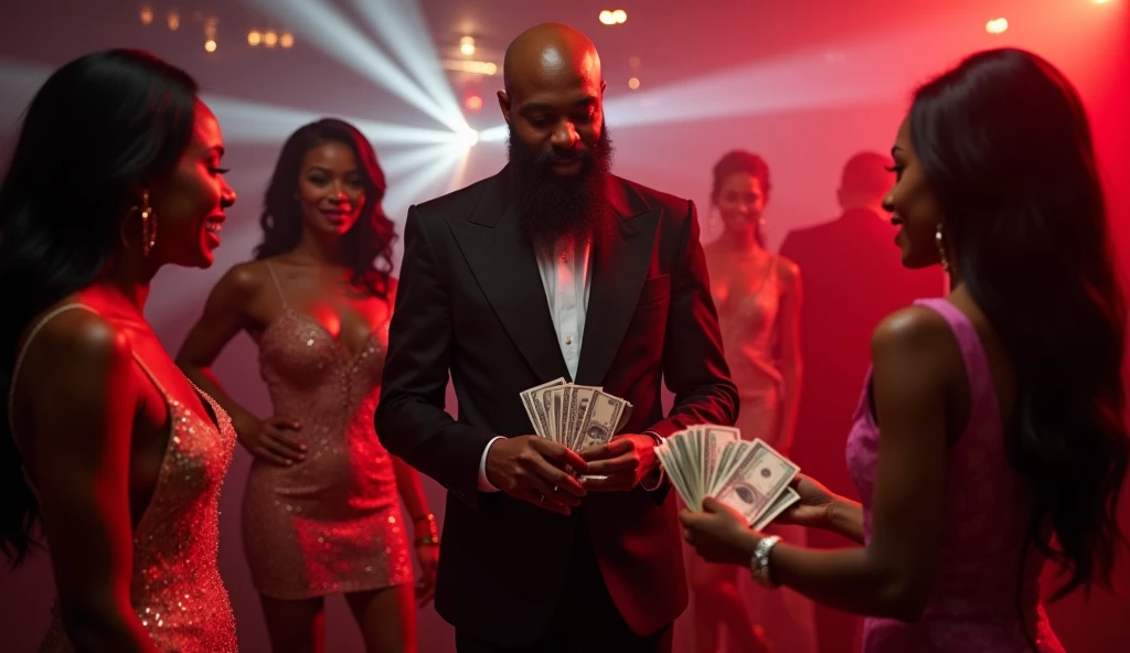 well dressed black men, happy, wearing jewelry and throwing money forward to the half-naked women in the nightclub, all with perfect hands