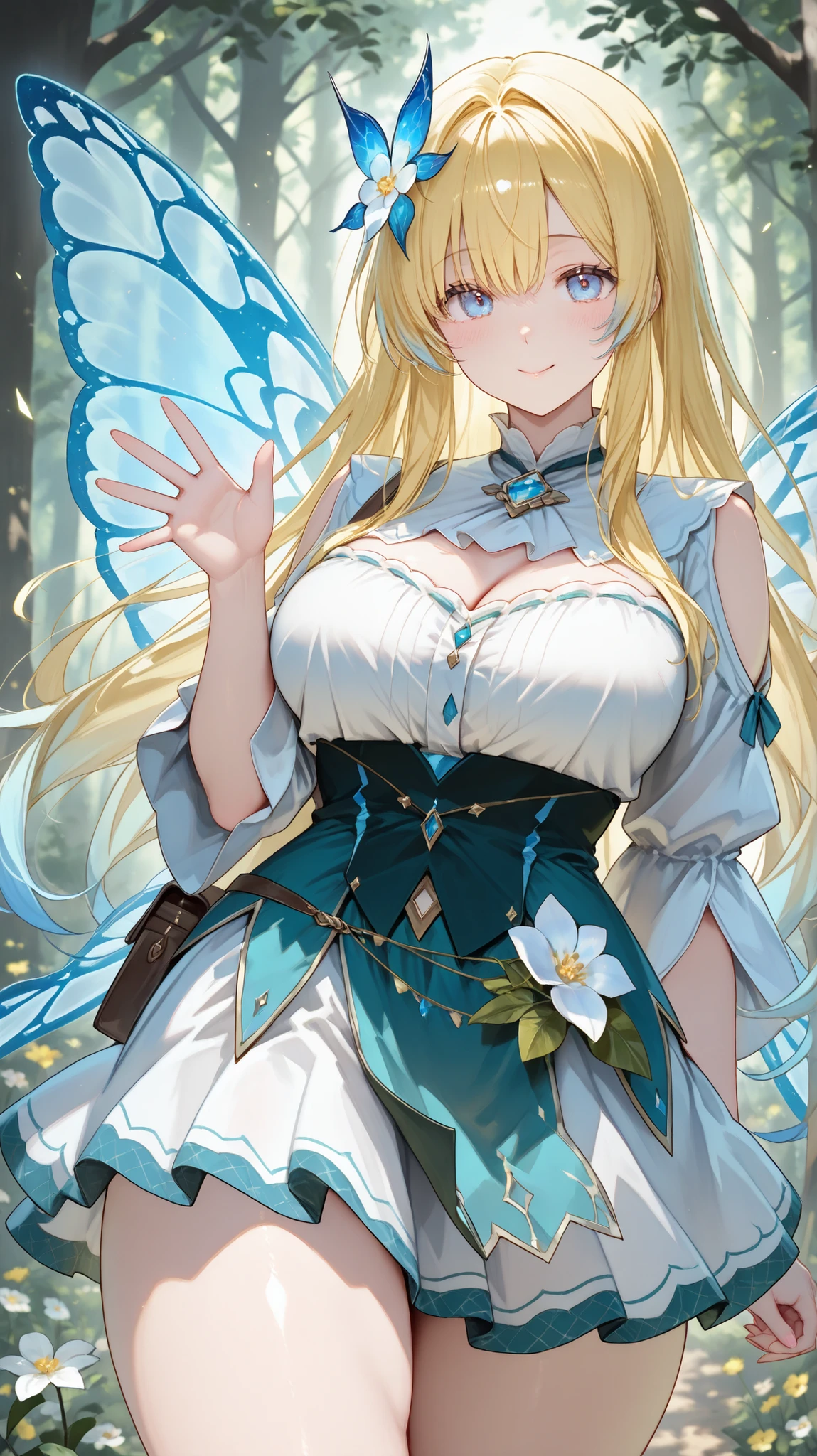 best quality,(RAW photos:1.2),(masterpiece:1.4),(realistic:1.4), 1 woman, depth of field, intricately detailed, 8K, very detailed, perfect lighting, smiling, Smiling, beautiful 미소, 활짝 smiling, butterfly background, Butterfly wings, long hair, blond hair, beautiful, well-shaped breasts, Blue dress, race, electricity, Lightning, Wizard, Sorcerer, wizard