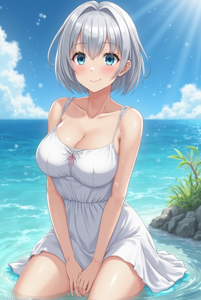 High quality Best quality 8k 1 girl (((White swimsuit)) ((Blanche)) Short hair ((Shortcut)) (silver hair) (Perm) (Fluffy)) ((shining red eyes)) (Red cheeks)) See here Very large breasts Smile Choker, earrings, (bracelets on) (((Picture from the waist up))) (((cute and sex pose))) (daytime) (summer beach)