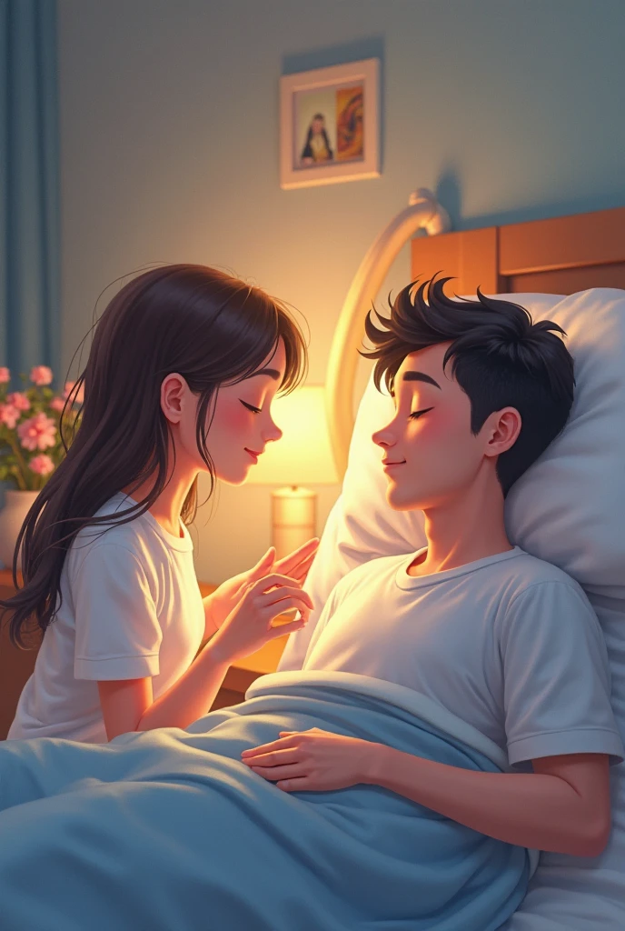Brother Comforting His Sister: The brother sitting on the edge of the hospital bed, holding his sister's hand. She is looking up at him with a weak but loving smile, and he is reassuring her with his words, his expression tender.