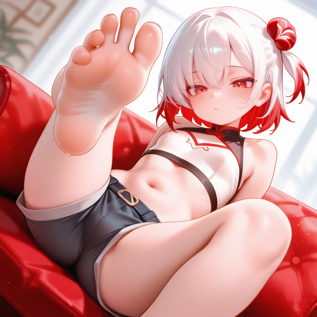 1 girl,dirty,foot,foot底,Red Eyes,breast,solitary,Long hair,White hair,,foot趾,foot部焦点,Looking at the audience,sit,Sweat,open mouth,dirty foot,Keep,indoor,Pillow,Bangs,White knee socks,Fox ears,There'foot的泥土,White clothes,kimono,Japanese style,dirtyPillow,dirty床,女孩周围堆满Pillow,女孩踩踏2着Pillow,大量Pillow,Pillow上肮脏,,(Deluxe Rococo Canopy King Bed),On a big and spacious bed,(),,,,Luxurious curtains with ornate ruffles and ribbons surround the bed,((((There are many pillows piled on the bed)))),Detail of Quilt,Detailed bed sheets