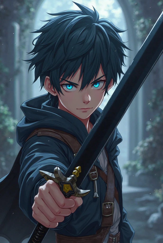 Japanese anime style: A young man with black hair and light blue eyes, has a fierce look and an aggressive expression even though he is young, wears dark medieval clothing and a bow and arrow the color of ebony, being an exceptional archer