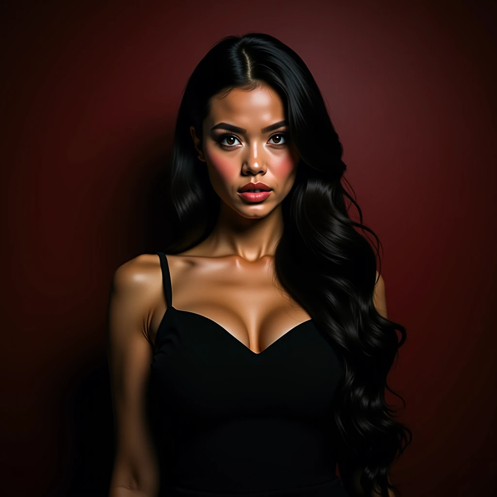 Masterpiece, (((full body shot))), ((1 girl solo)), (one beautiful (Indonesian:0.8)-(Spanish:0.2) girl (looking at camera:1.5)), [Risyana Devita], 20 years old, breathtaking beauty, natural beauty, perfect face, detailed facial features, beautiful brown eyes, detailed eyes, soft lips, (long dark-black hair:1.5), (tall figure:1.5), (athletic body), (small breasts), cleavage breasts, pearl skin, (skin pores:0.7), extremely detailed face and skin texture, (skin texture:1.1), beautiful long legs, standing model pose, in a photo studio, (wearing a ((true-red) sexy Princess Silhouette Dress), extremely detailed and realistic clothes, sharp focus, 8k uhd, best quality, ultra-detailed, realistic, colorful tones, natural lighting, clean lines, vibrant colors, modern art style, high-res, professional-grade, textured finish, contrasting elements, dynamic composition, lifelike texture, precise details, expert craftsmanship, layered colors, dramatic lighting, stunning visuals, exquisite artwork, (depth of field),