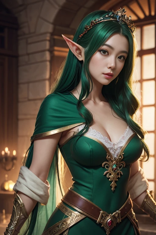 (masterpiece), (extremely intricate:1.3), (realistic), add_detail:1, female goblin, small, short, cute, light green dirty skin, long pointy ears, Her long green hair is tied back into a ponytail,, bright green eyes, green button blouse, and tan pants, holding her arms out to her side