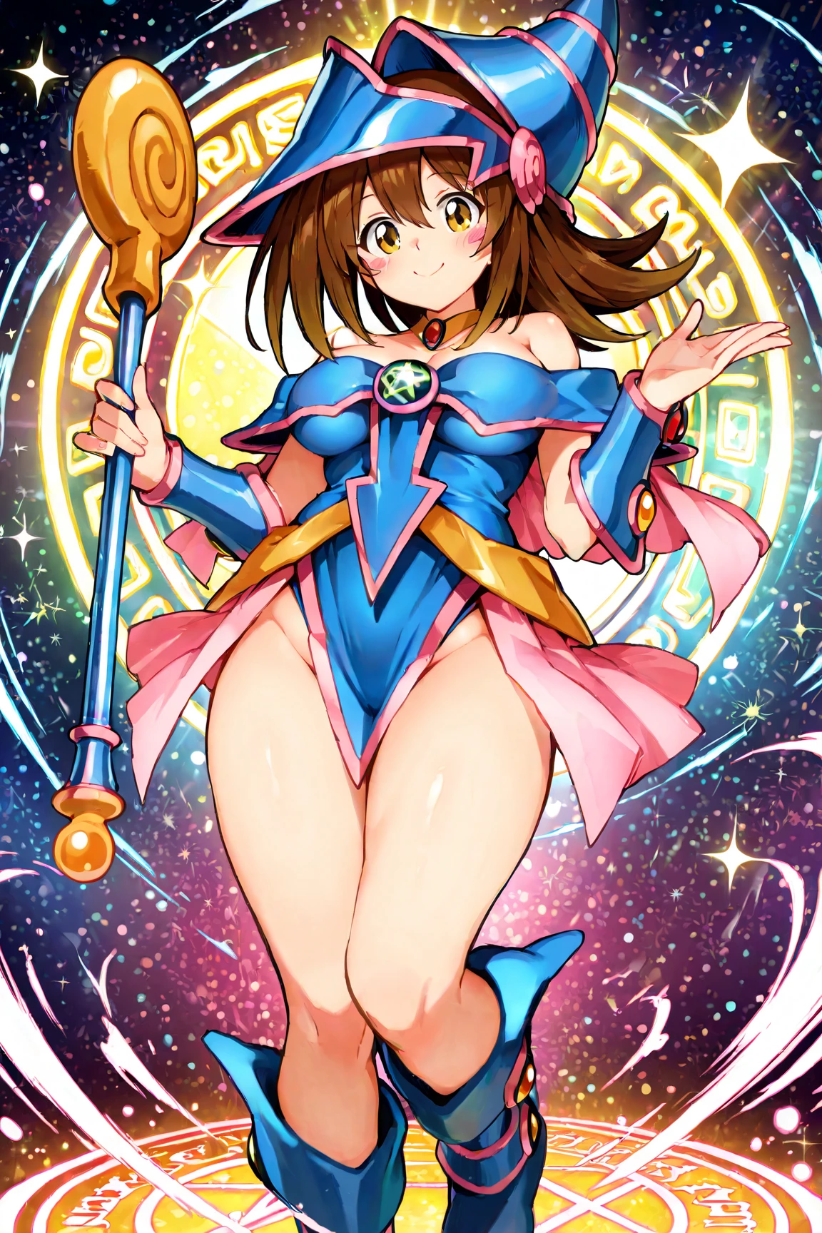 super high image, super detail, high resolution, super beautiful woman, amorous expression, glossy flowing layered wavy light brown hair, sparkling gold eyes, alluring moist pink lips, huge breasts, under boob, great proportion, perfect proportion, slender, full body, anime, manga, illustration, fantasy, background northern renaissance style, galaxy, magic circle, kaleidoscope, rainbow neon light many lines, cyber punk --auto
