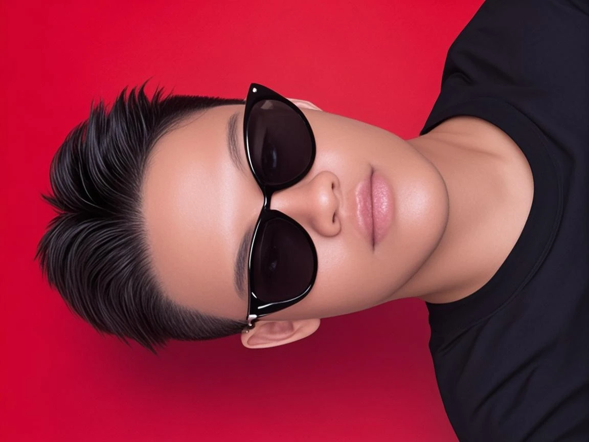 A handsome 20 year old Korean man with messy hair wearing shiny green-blue glasses that are anti-UV radiation without a shirt and shorts, there are several pictures of reddish brown lips on his neck, under his head, in the background of an elegant room.