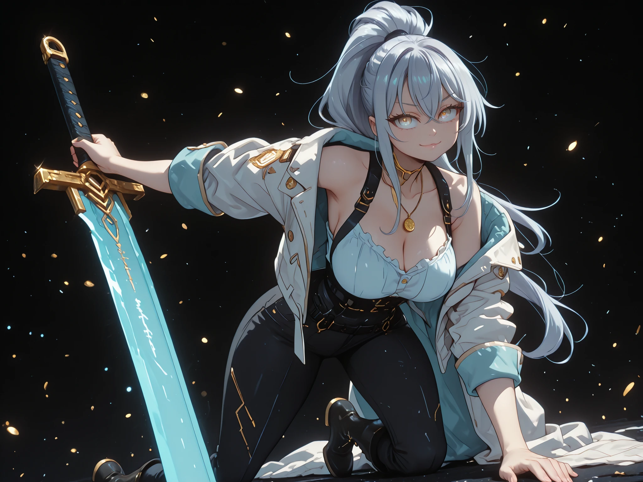 A young female character, black background, with the same height and body type as Alisa Mikhailovna Kujou from Alya Sometimes Hides Her Feelings in Russian. She has silver hair tied in a long ponytail like Sylpha Langlis from Tensei Shitara Dai Nana Ōji, and the same facial features as Sylpha Langlis from Tensei Shitara Dai Nana Ōji: flashy golden eyes, but with a provocative and confident smile. She wears a black tactical military uniform that covers her from neck to breasts, exposing her abdomen, she wears very loose black military pants with military boots that are also black, she wears a white military coat that is falling over her arms and is extremely detailed with several gold medals and military crests, coat falling over her arms, the character is short and has the height, short character, young character, big breasts.
Her pose is bold and confrontational, looking directly at the viewer (screen), and an expression full of confidence. The overall style should be detailed and colorful, matching the rendering quality, but with a cyberpunk feel and a younger feminine appearance, by Alisa Mikhailovna Kujou from Alya Sometimes Hides Her Feelings in Russian, The character is a teenager, the character is short and has the height, short character, young character.
The character is holding a huge large sword whose blade is extremely wide and long, the large sword is completely black and rustic, as if it had been forged from a meteor.
The character has large breasts, a large butt, wide hips and a thin waist. The character is young and short, being just a child, her height is 1.5 meters.