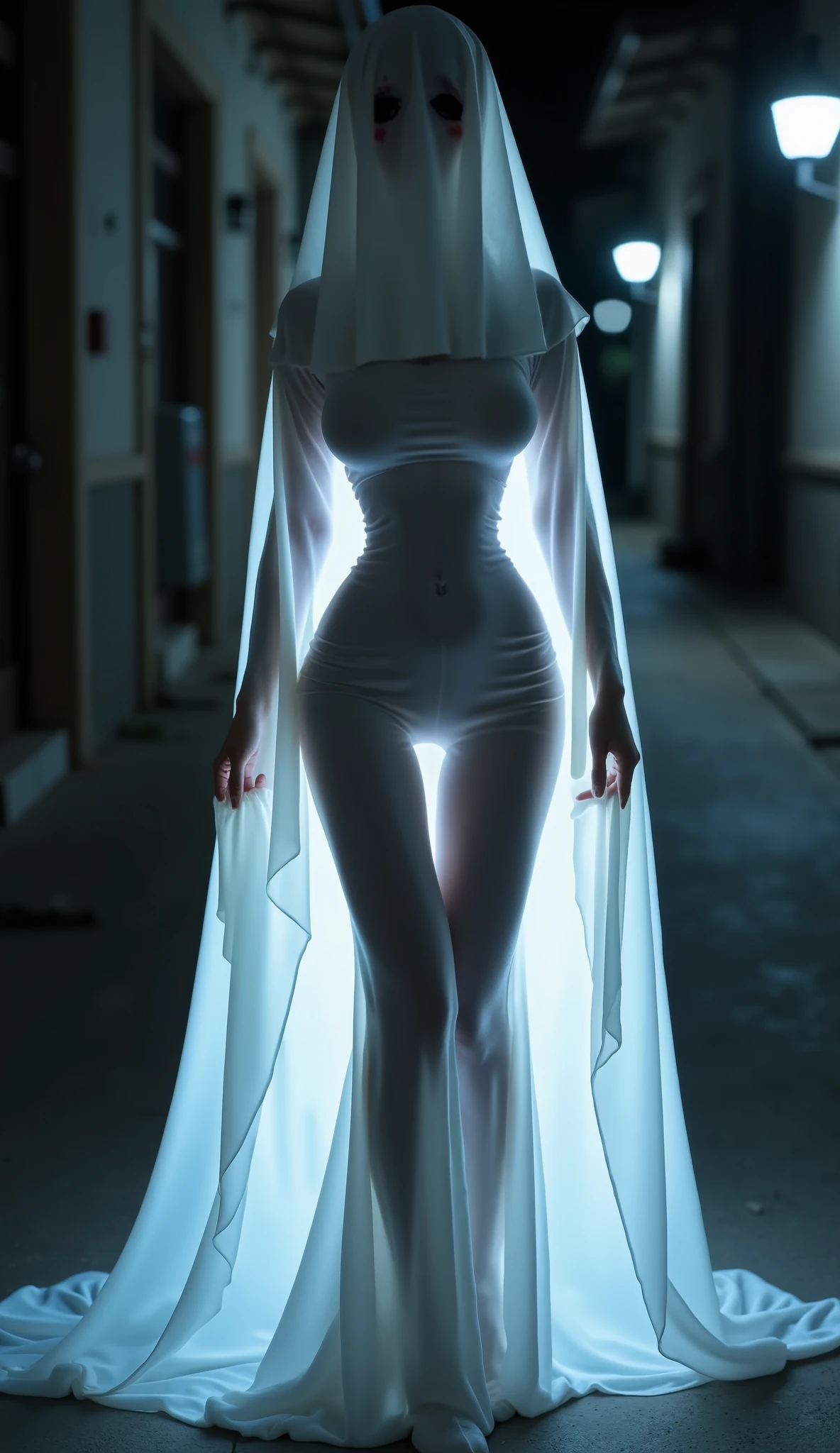 Woman dressed as a ghost, big breasts, Background of a very dark street, VERY REALISTIC, Cinematic Sexuality 100%